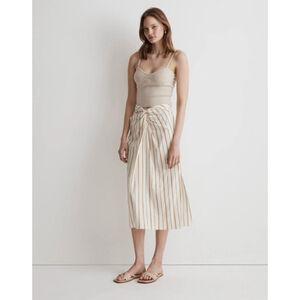 Madewell Twist-Front Sarong Midi Skirt Stripe Womens Cream 2 Side Slit Linen NWT